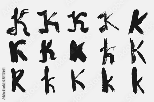 Letter K written by hand. Black letter K written in grunge calligraphy. Different versions of the font are hand-drawn in a careless style. Vector eps illustration.