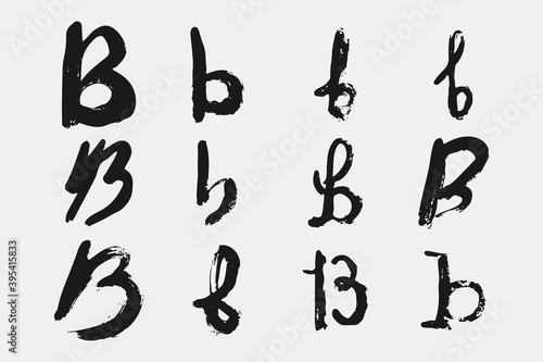 Letter B written by hand. Black letter B written in grunge calligraphy. Different versions of the font are hand-drawn in a careless style. Vector eps illustration.