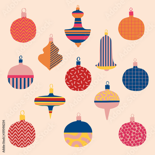 Colorful vector Christmas tree toys illustrations with geometric ornament