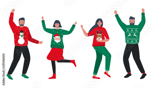 Ugly Christmas Sweater Party. Young people in red and green Christmas sweaters with deer, snowman, Santa Claus are dance. Vector illustration.