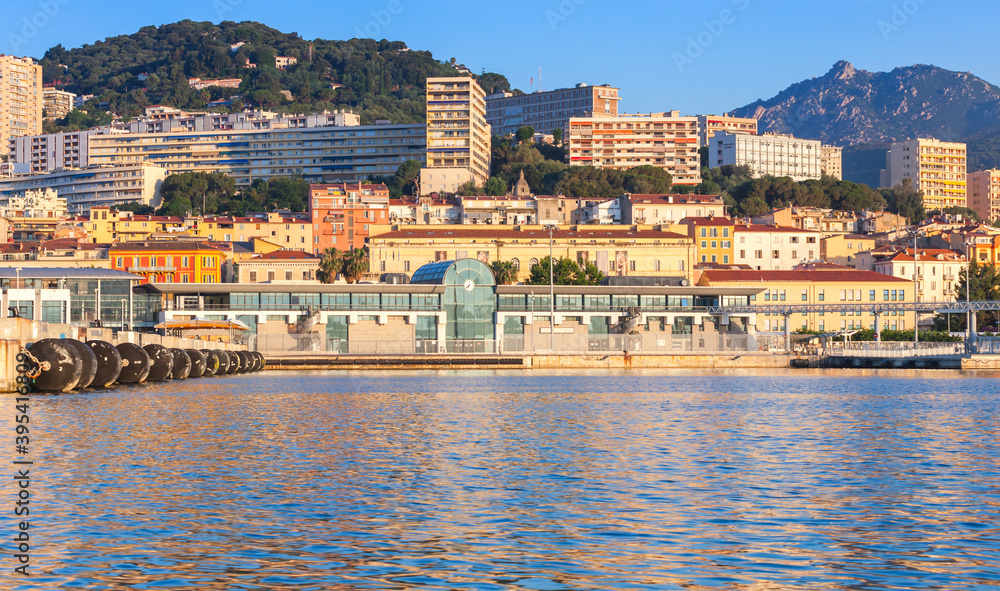 Ajaccio port, coastal sumer cityscape. Corsica