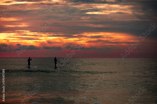 Wallpaper Mural Sea sup surfing under amazing dark sunset sky. Two people on Stand Up Paddle Board. Orange sky. Paddleboarding Concept. Phuket. Thailand. Torontodigital.ca