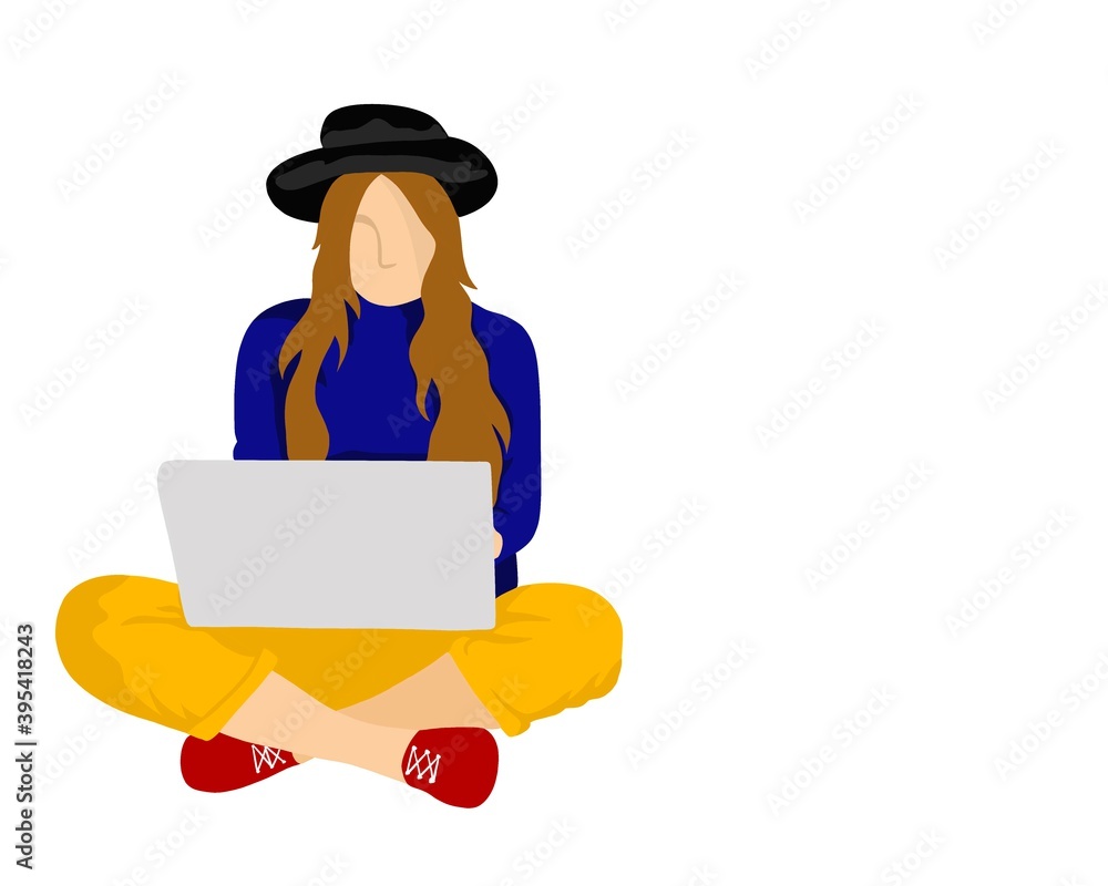 illustration drawing,  a women sit and playing notebook