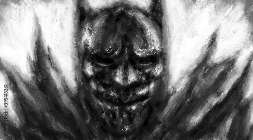 Scary drawn superhero character. Illustration in genre of comic fiction. Spooky image of beast from nightmares. Gloomy character concept. Fantasy drawing for creepy Halloween. Coal and noise effects.