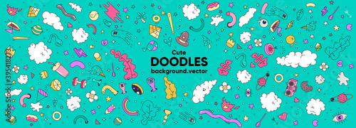 Wide vector print. Doodle style pattern. Background of abstract, cute, caramel objects. Objects with strokes, linear style.