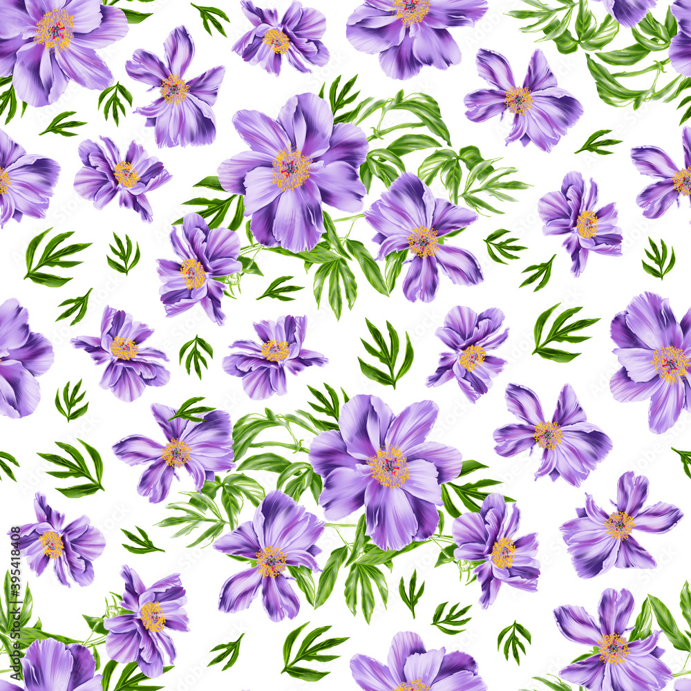 Seamless pattern with lilac flowers and bright green leaves on a white background. Endless floral illustration