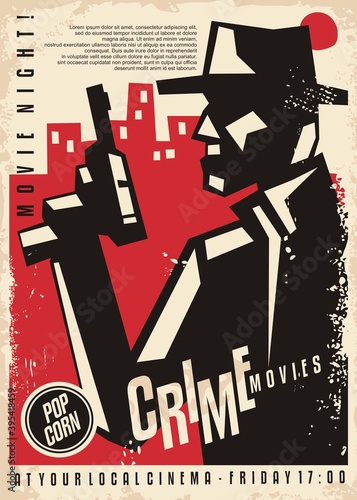 Crime and noir films vintage cinema poster design with gangster graphic and city skyline. Retro secret agents movies flyer template. Vector graphic. photo