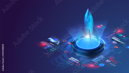 Futuristic rocket takes off, on a blue background with dashboard chart and graphs. Startup concept in isometric. Business Start up launching product with rocket concept. Template and Background.