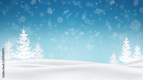 Snow background. Winter blue sky. Christmas background. Falling snow. Forest in the snow. Snowdrifts, blizzard. Eps10