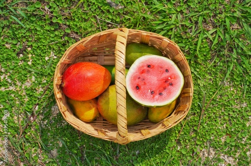 Foto Frutas dentro de una canasta que se encuentra sobre el césped.
