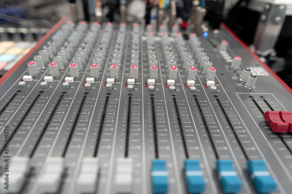 Sound mixing desk. Sound check for concert, mixer control. Music mixer control panel. Sound mixing desk. Sound check for concert, mixer control. Music mixer control panel.