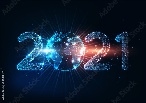 Futuristic New Year digital web banner with glowing low polygonal 2021 number and planet earth globe