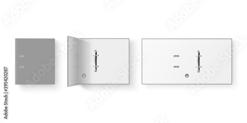Vector 3d Closed and Opened Realistic Gray Blank, Empty Office Binder Set with Metal Rings for A4 Paper Sheet Closeup Isolated on White Background. Design Template, Mockup, Top View