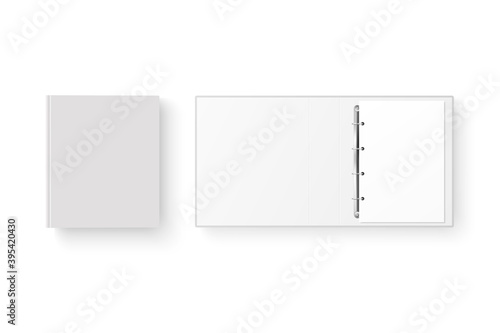 Vector 3d Closed and Opened Realistic White Blank, Empty Office Binder Set with Metal Rings and A4 Paper Sheet Closeup Isolated on White Background. Design Template, Mockup, Top View