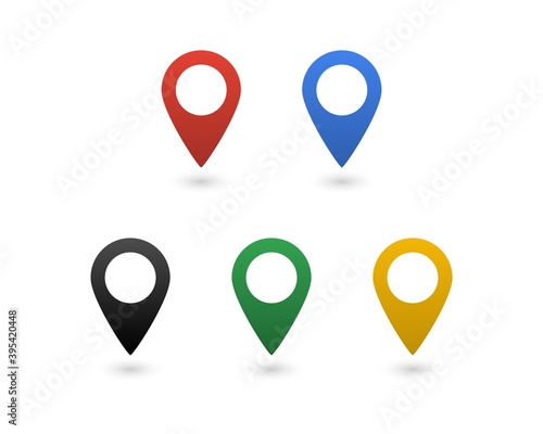 Set of colorful pin icons. Location, distance, navigation, map, gps, direction, route, destination marker isolated on white background. Vector icons in flat style for design, web, UI, mobile app