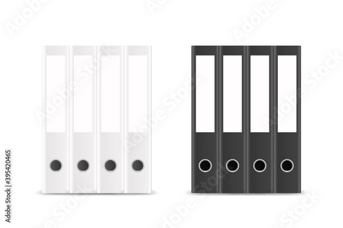 Vector 3d Closed Realistic Black and White Blank Office Binder Stack with Metal Rings for A4 Paper Set Closeup Isolated on White Background. 4cm, 5cm. Design Template, Mockup, Side View