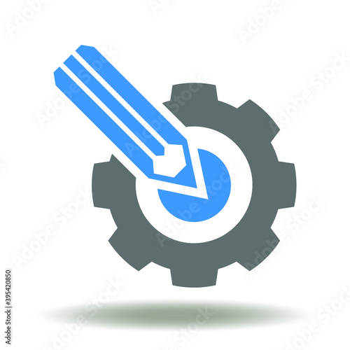 Gear with pencil icon vector. Customization symbol. Configuration, Project Settings Sign. Drawing Construction Design Industry Logo. Engineering Illustration.