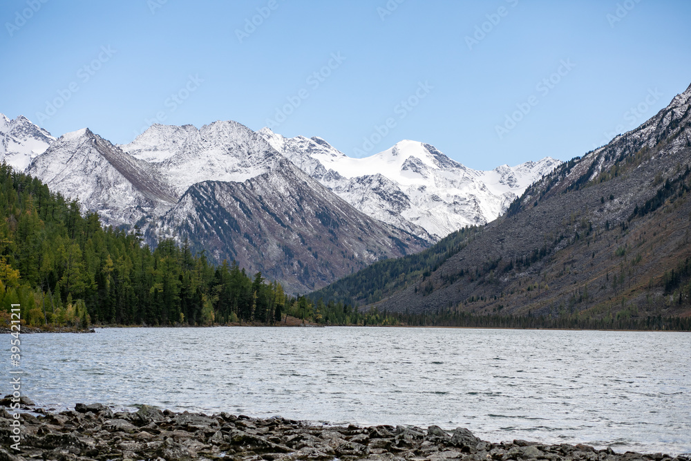 Mountain river water landscape. Wild river in mountains. Mountain wild river water view