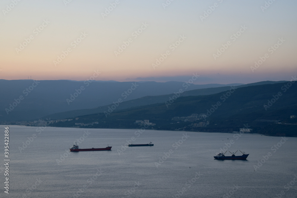 Ships in the Gulf of Gemlik at sunset, July 2018, Turkey