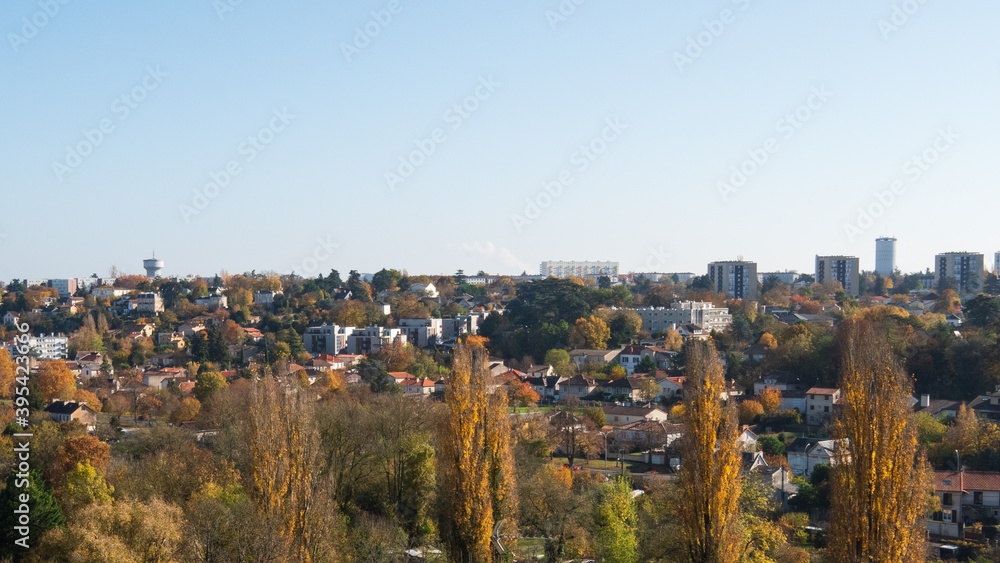 View on the city of Poitiers in west-central France. View from the Blossac Park. Blue sky, sunny day, autumn.