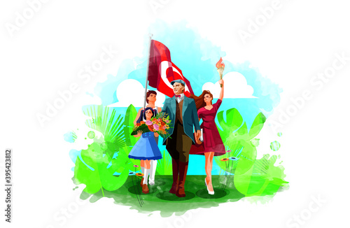 First president of Turkey Mustafa Kemal Atatürk while walking to the future with Turkish youth