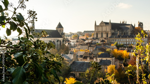 View on the city of Poitiers, in France. Photographed during autumn. View on the roof. There are church and cathedral. Sunny day. Trees in the foreground. photo