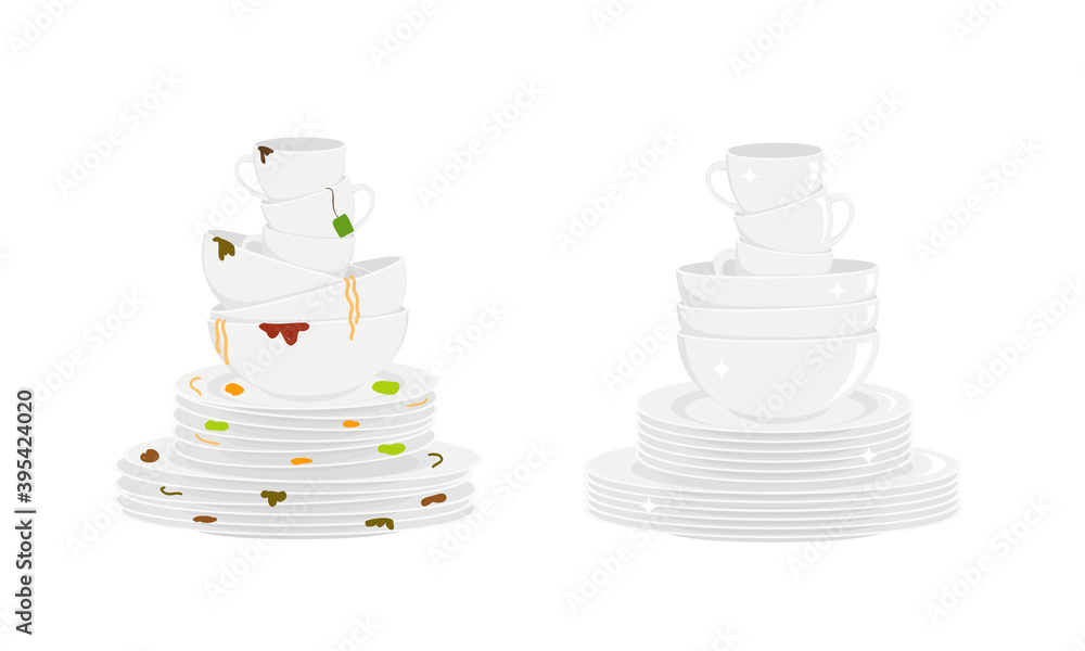 Stacks of dirty and clean dishes isolated on white background. Plates, bowls and cups before and after washing. Vector flat illustration. Stacks of dirty and clean dishes isolated on white background. Plates, bowls and cups before and after washing. Vector flat illustration.