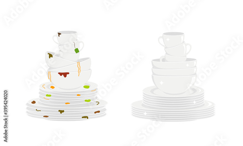 Stacks of dirty and clean dishes isolated on white background. Plates, bowls and cups before and after washing. Vector flat illustration.
