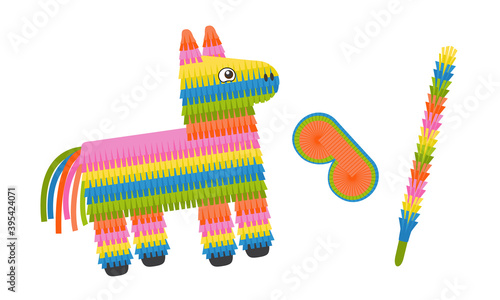 Pinata donkey with eye mask and stick isolated on white background. Colorful pinata toy with sweets and candies for birthday party. Vector illustration in flat style.