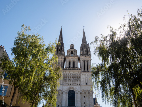 View on the facade of the cathedral of Angers surrounded by vegetation. Bright day. Angers is located in western France, in the maine-et-loire department. photo