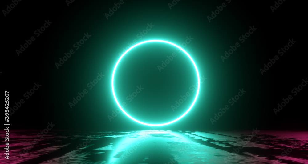 Obraz premium Abstract flight, neon light ring shape, mysterious space landscape. 3d Render
