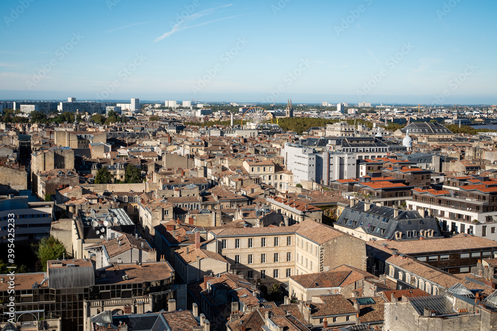 Cityscape of Bordeaux, a port city on the Garonne in the Gironde department in Southwestern France. Sunny day, blue sky.