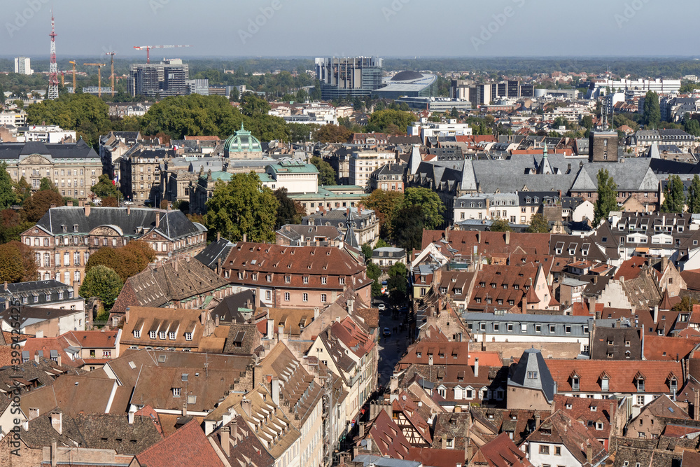 View of the city of Strasbourg, in Alsace in eastern France. Photographed from the cathedral. In the background, there is the European Parliament. 
