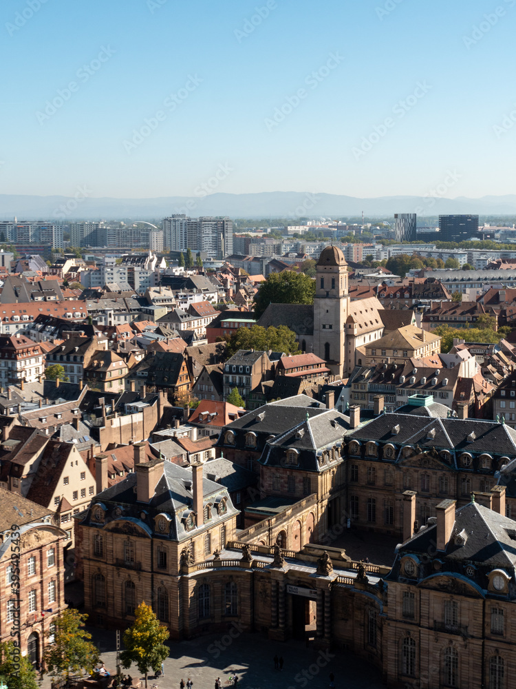 View on the city of Strasbourg from the cathedral. In the background, we can see the Vosges mountains.