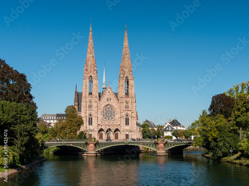 The St. Paul's Church of Strasbourg (French: Église réformée Saint-Paul) is one of the landmarks of the city of Strasbourg, in Alsace, France. Blue sky, sunny day.