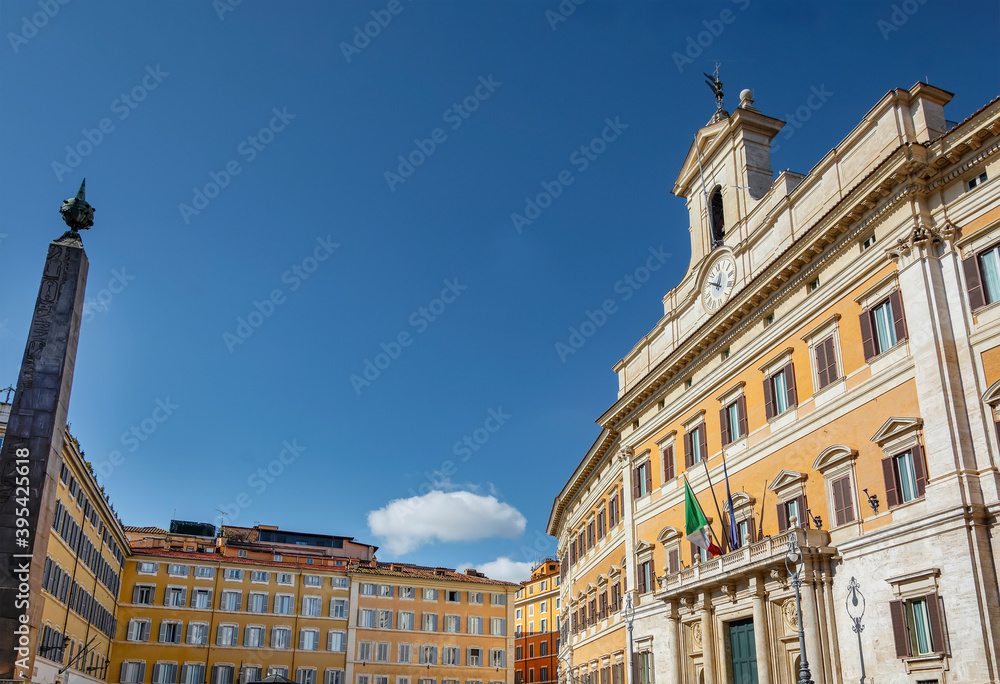 Piazza Montecitorio in Rome with the Egyptian obelisk in front of the facade of the Montecitorio palace, seat of the Italian parliament