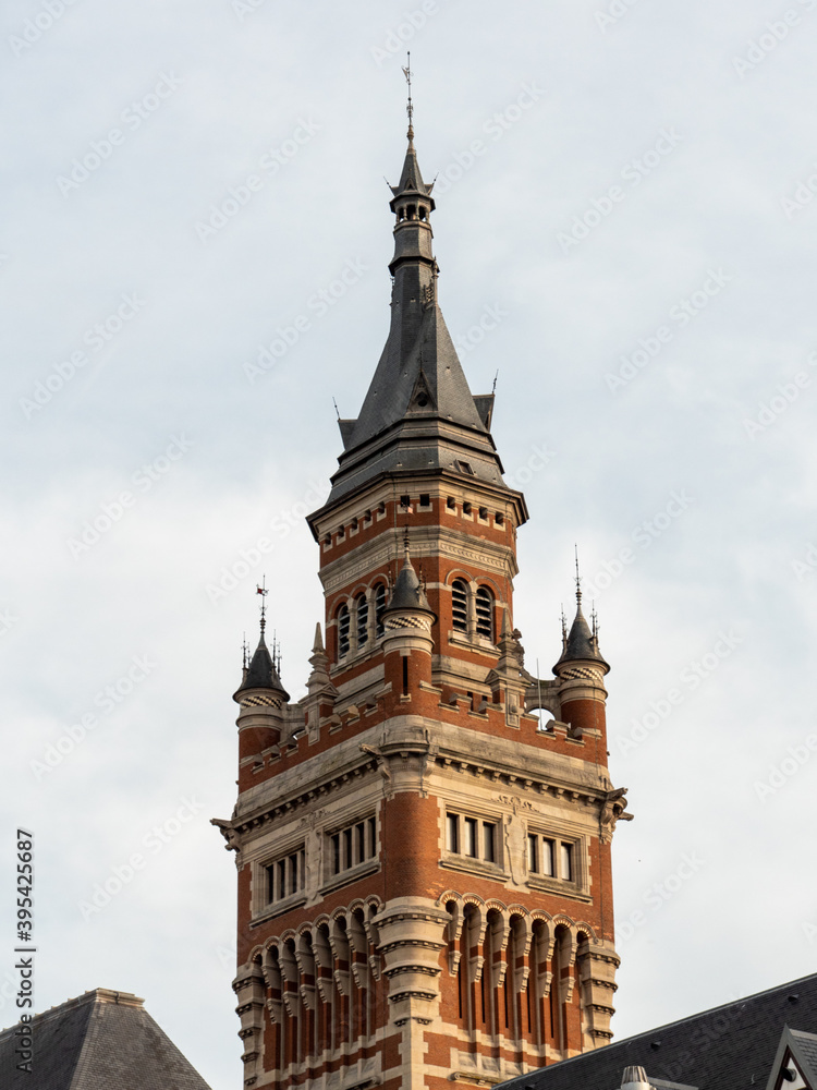 Dunkirk Town Hall. View on the  belfry. Evening.