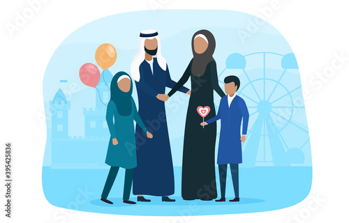 Muslim family walking with kid in amusement park. Concept of happyi slamic family spending time together on a stroll. Kids with baloons and lollipop. Flat vector illustration