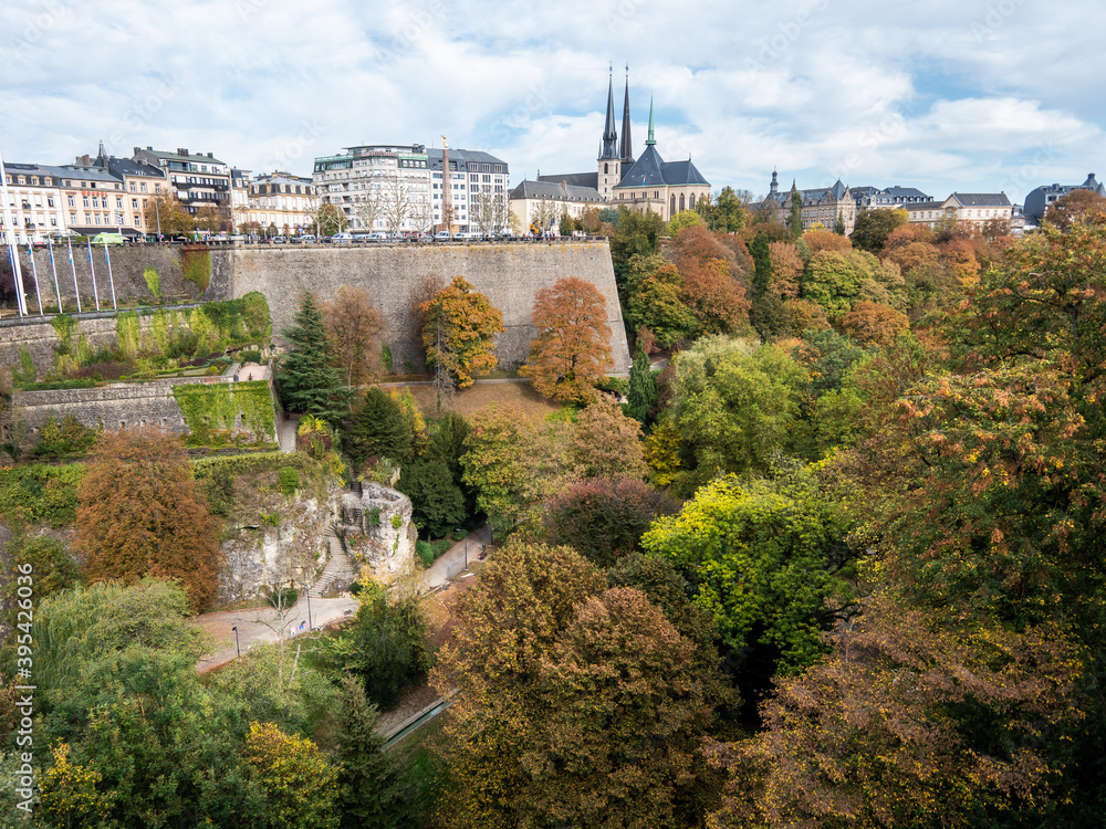 View on a park in the city of Luxembourg, Europe. It is a capital city renowned for its parks and green spaces. Somes clouds in the sky.