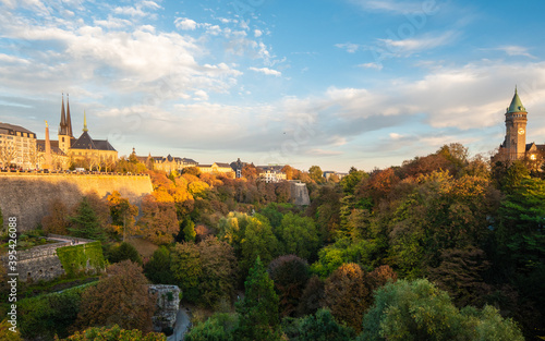 Fototapeta Naklejka Na Ścianę i Meble -  View of the city of Luxembourg-city in Luxembourg, at sunset. The city is famous for its many parks. 