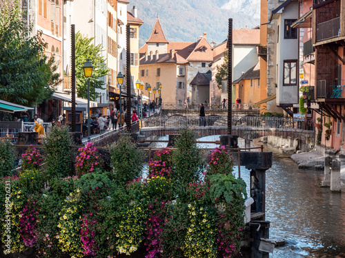 View on the canal in the city of Annecy, Haute-savoie, France. Flowers in the foreground. Old town.