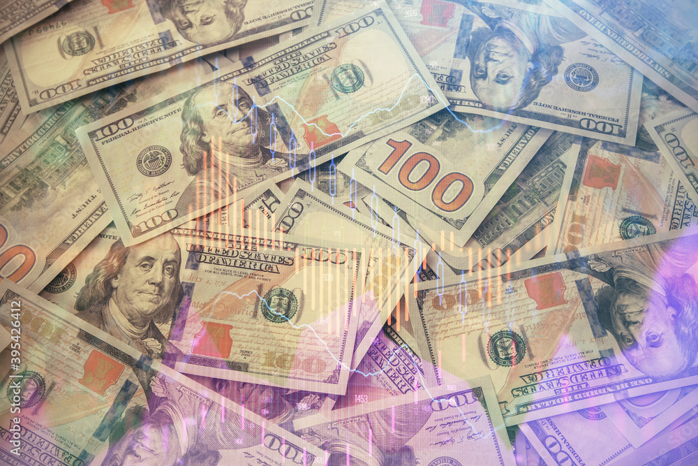 Multi exposure of forex chart drawing over us dollars bill background. Concept of financial success markets. Multi exposure of forex chart drawing over us dollars bill background. Concept of financial success markets.