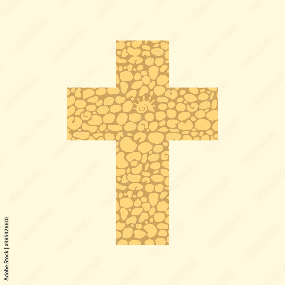 Sign of the Christian cross with an abstract texture of pebbles in beige colors. Vector illustration, religious symbol, icon, logo, t-shirt design, graphic print, design element