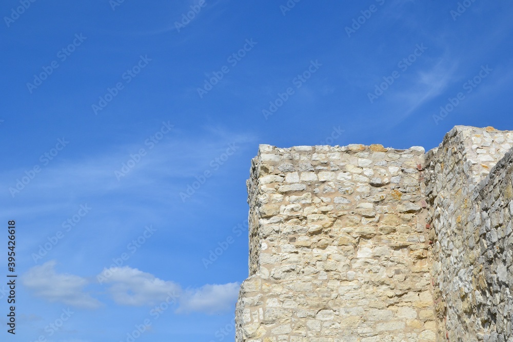 Kazimierz Dolny Castle - thirteenth and fourteenth-century Romanesque castle ruins and tower located in Kazimierz Dolny, Poland, Europe. Castle walls details. Place for text