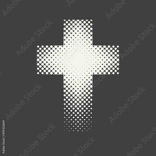 Dotted religious cross isolated on a black background. Vector halftone pattern of religious cross icon made of circle points. Religious symbol, icon, t-shirt design, emblem, logo, design element.