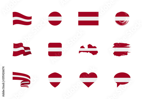 Latvia flag - flat collection. Flags of different shaped twelve flat icons.
