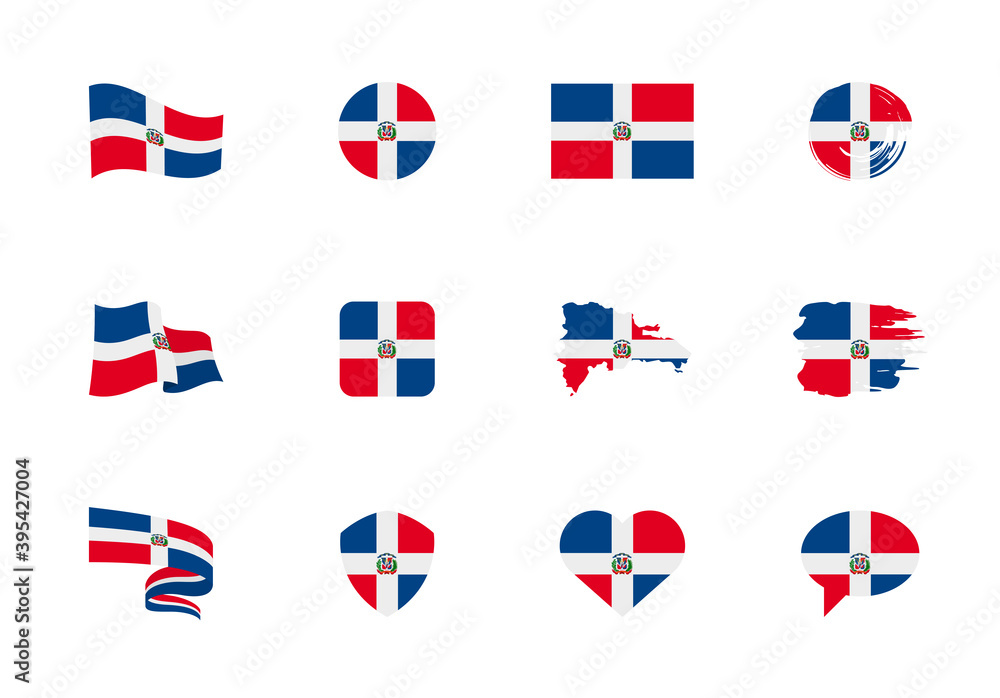 Dominican Republic flag - flat collection. Flags of different shaped twelve flat icons. - obrazy, fototapety, plakaty 