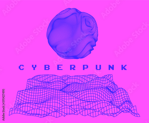 Composition with glitched morphing blob and geometric shapes. Science and technology concept.