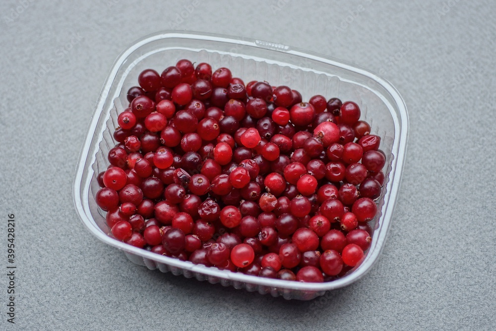 food from red small ripe cranberries in a white plastic plate stands on a gray table food from red small ripe cranberries in a white plastic plate stands on a gray table