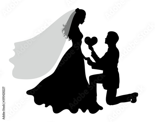 Romantic wedding silhouettes of a couple on white.
